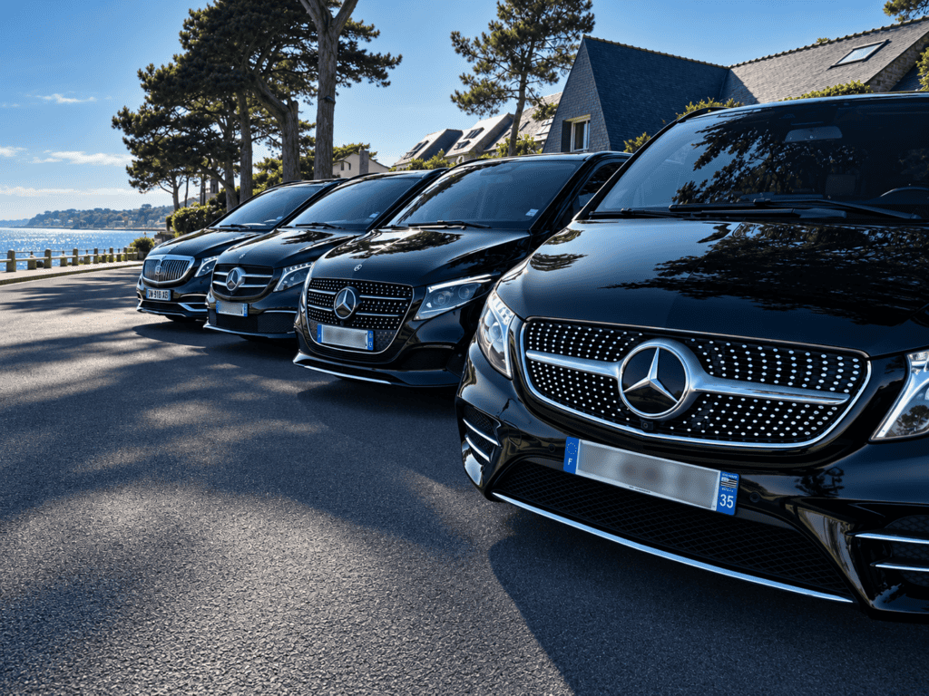 Vans Mercedes Classe V haut de gamme en bord de mer, transport de luxe avec chauffeur privé en Bretagne