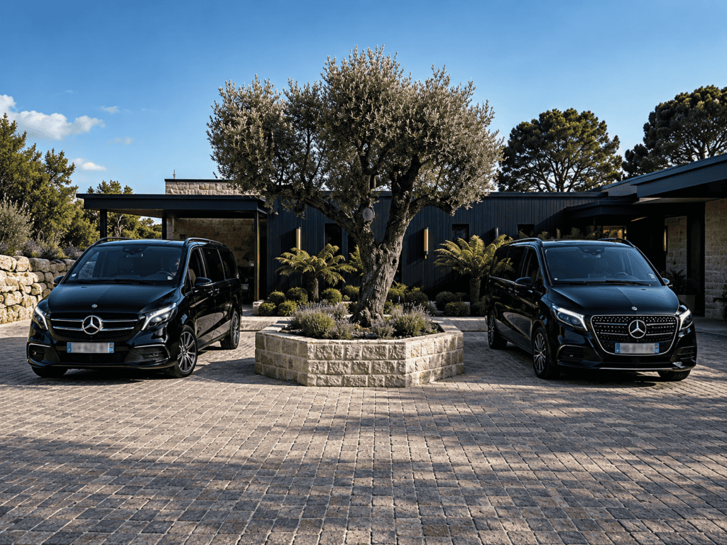 Deux vans Mercedes Classe V noirs devant une villa, mise à disposition de chauffeur privé VIP
