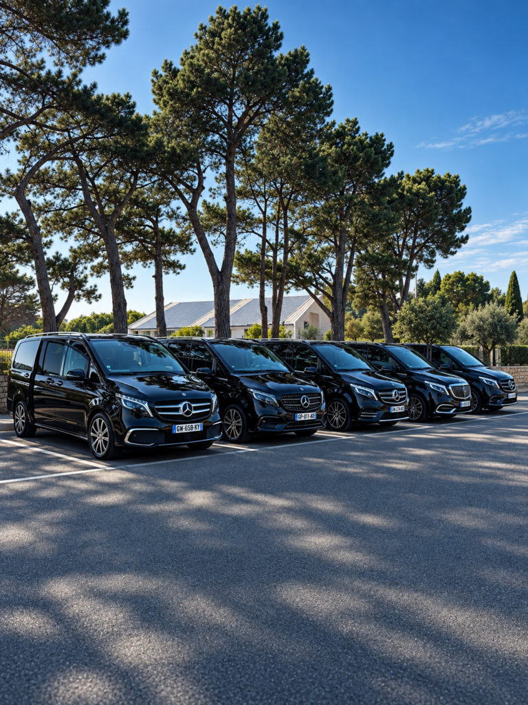 Vans Mercedes Classe V noirs pour le transport de groupes et délégations avec chauffeur en Bretagne
