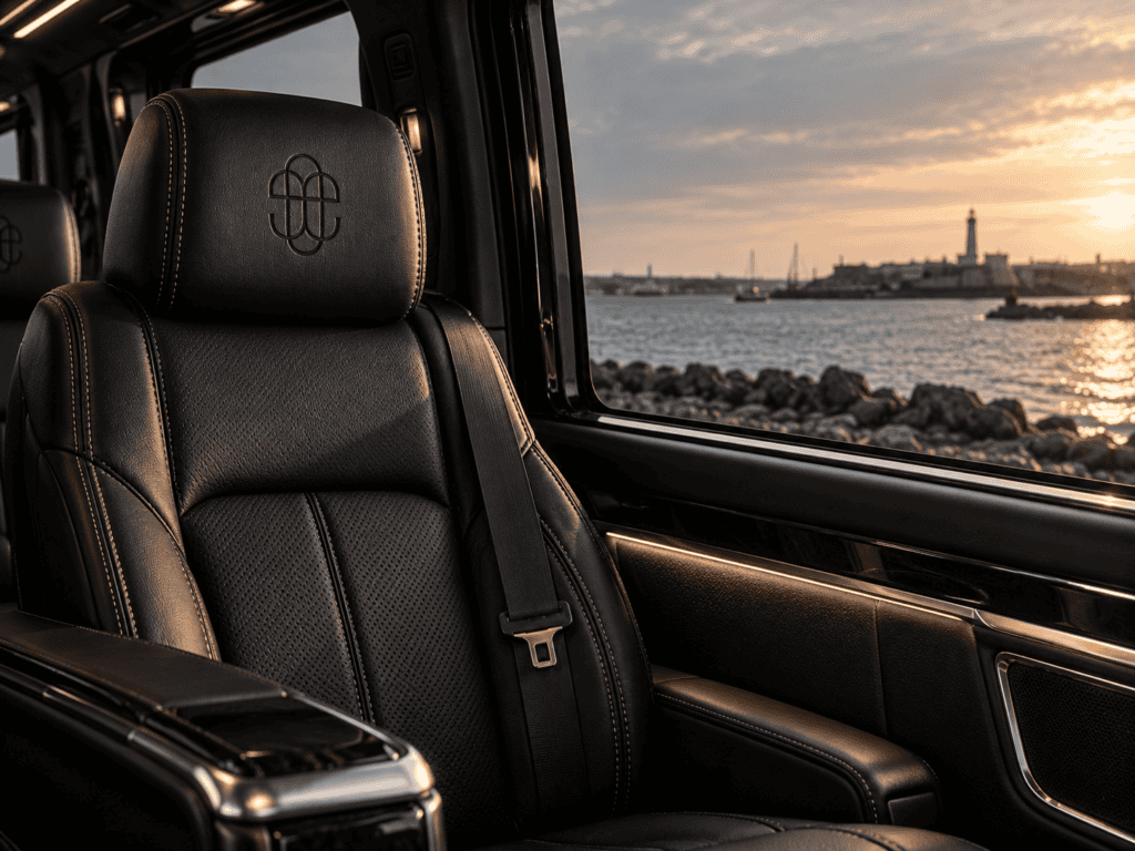Intérieur cuir d'un van VIP avec chauffeur privé, vue sur un port breton au coucher du soleil